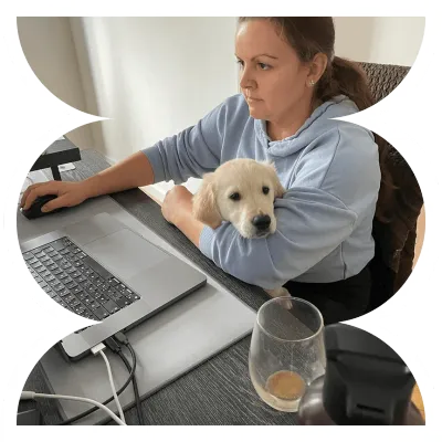 Remote work with golden puppy on lap